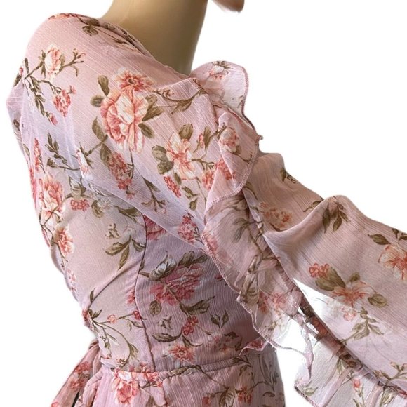 Divided Floral Bohemian Dress Medium M Baby Pink Back-Laced Lined Layered Ruffle - Picture 6 of 12